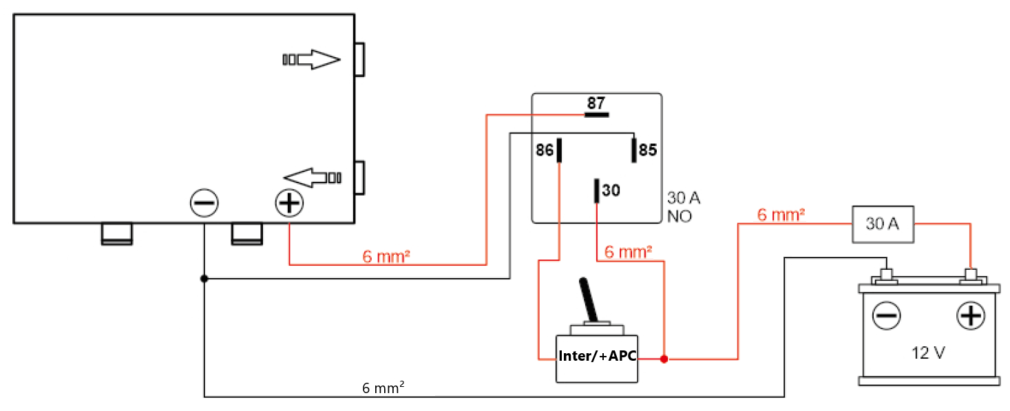 Schéma de câblage électrique 12V 200W avec relais 30A pour chauffe-eau Carbest avec commande automatique APC et interrupteur manuel
